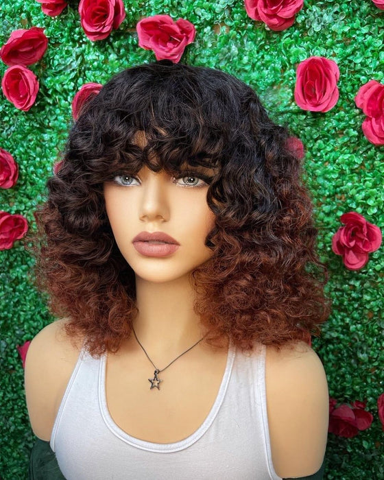 OMBRÉ BROWN CURLY BANGS BOB WIG